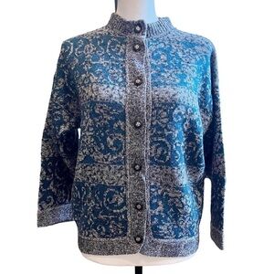 Vintage Women’s Wool Blend Knit Cardigan Button Front High Neck Blue Gray Size S